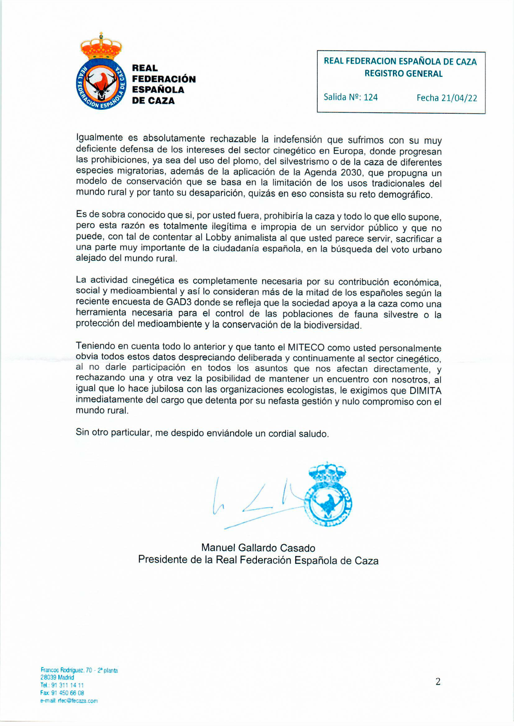 Carta de la RFEC al MITECO sobre la codorniz