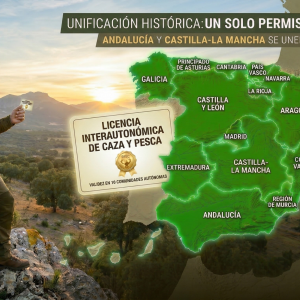 Mapa de España ( Andalucía y Castilla-La Mancha), ilustrando la ampliación de la licencia interautonómica de caza que permite a los cazadores moverse entre más comunidades con un solo documento.