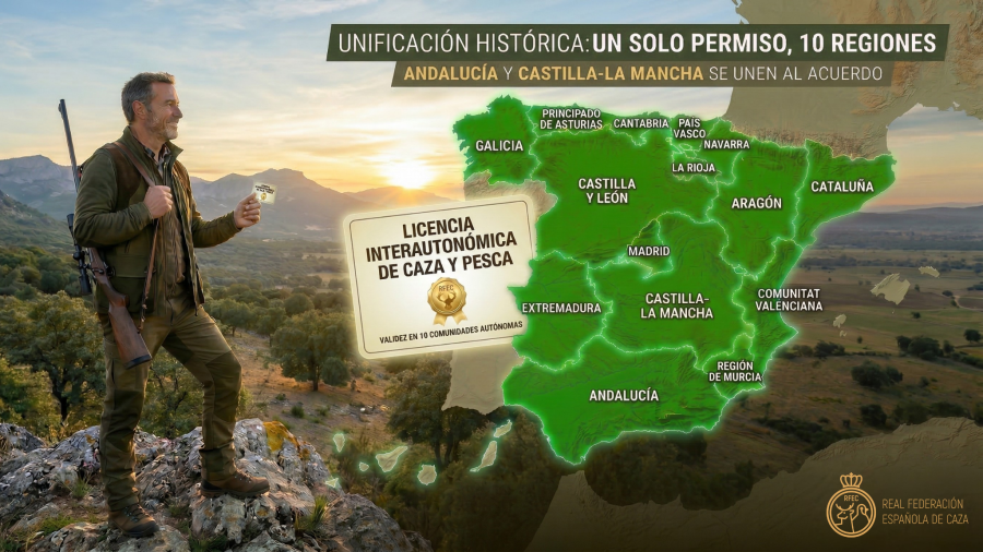 Mapa de España ( Andalucía y Castilla-La Mancha), ilustrando la ampliación de la licencia interautonómica de caza que permite a los cazadores moverse entre más comunidades con un solo documento.