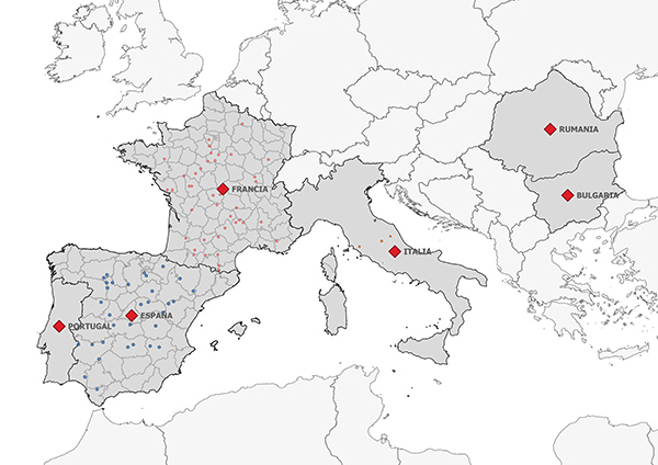 Mapa de los seis paises que han censado la codorniz en Trofeo caza y conservacion