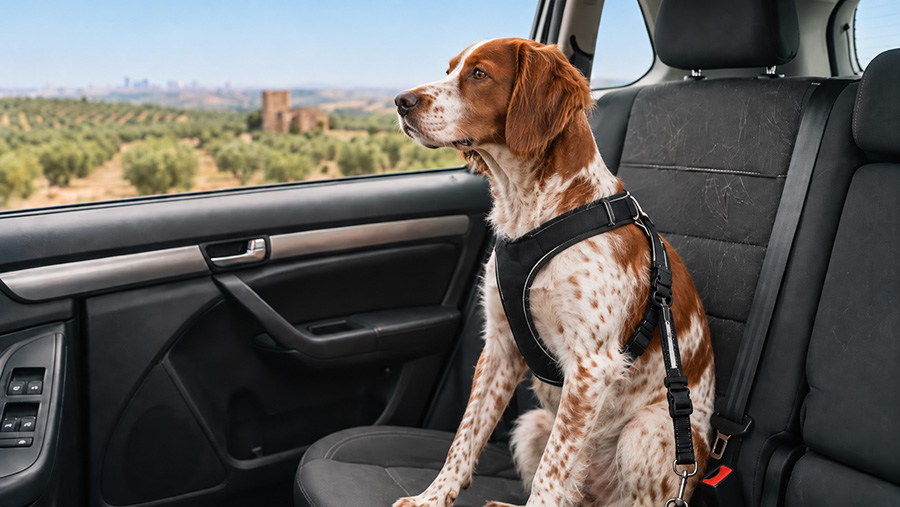 perro de caza en el coche en revista trofeo caza
